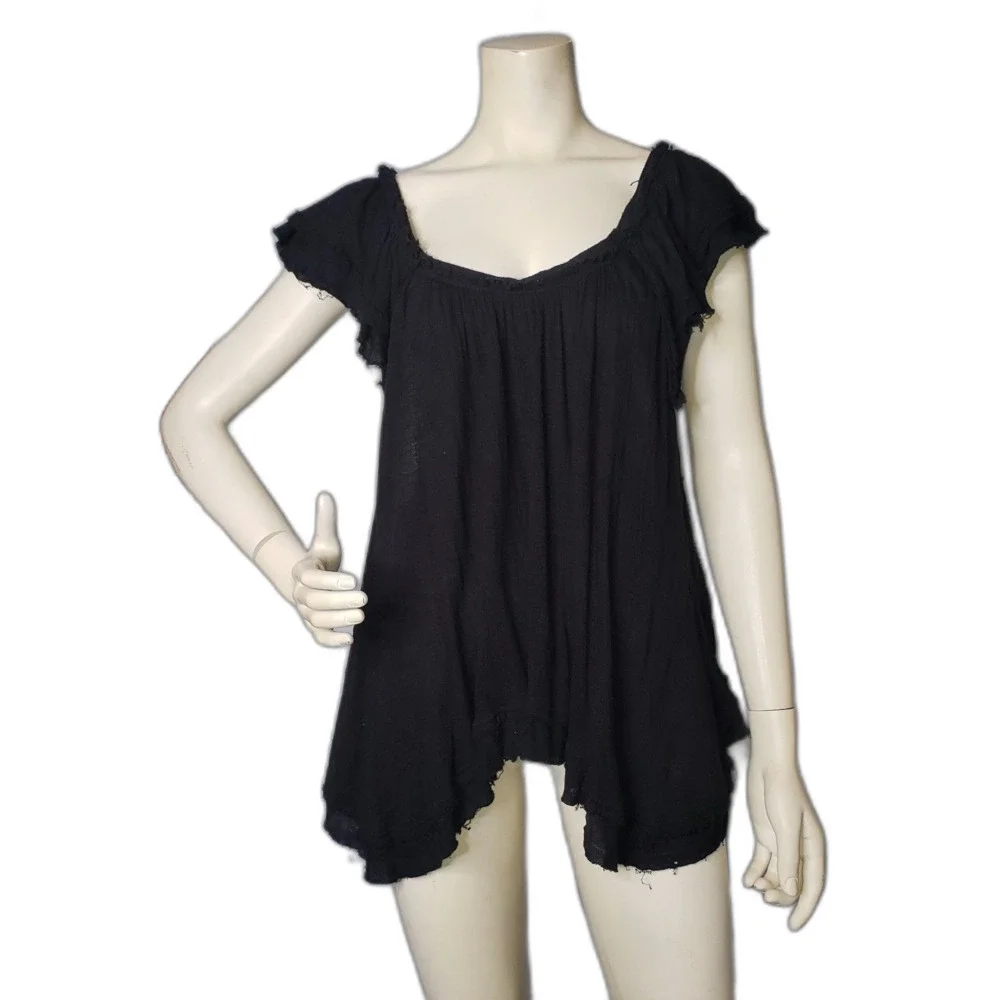 FREE PEOPLE New Girl Asymmetrical Black Sleeveless Ruffle Top Womens Size Medium